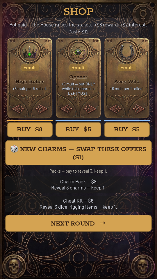 The shop — buy charms between rounds